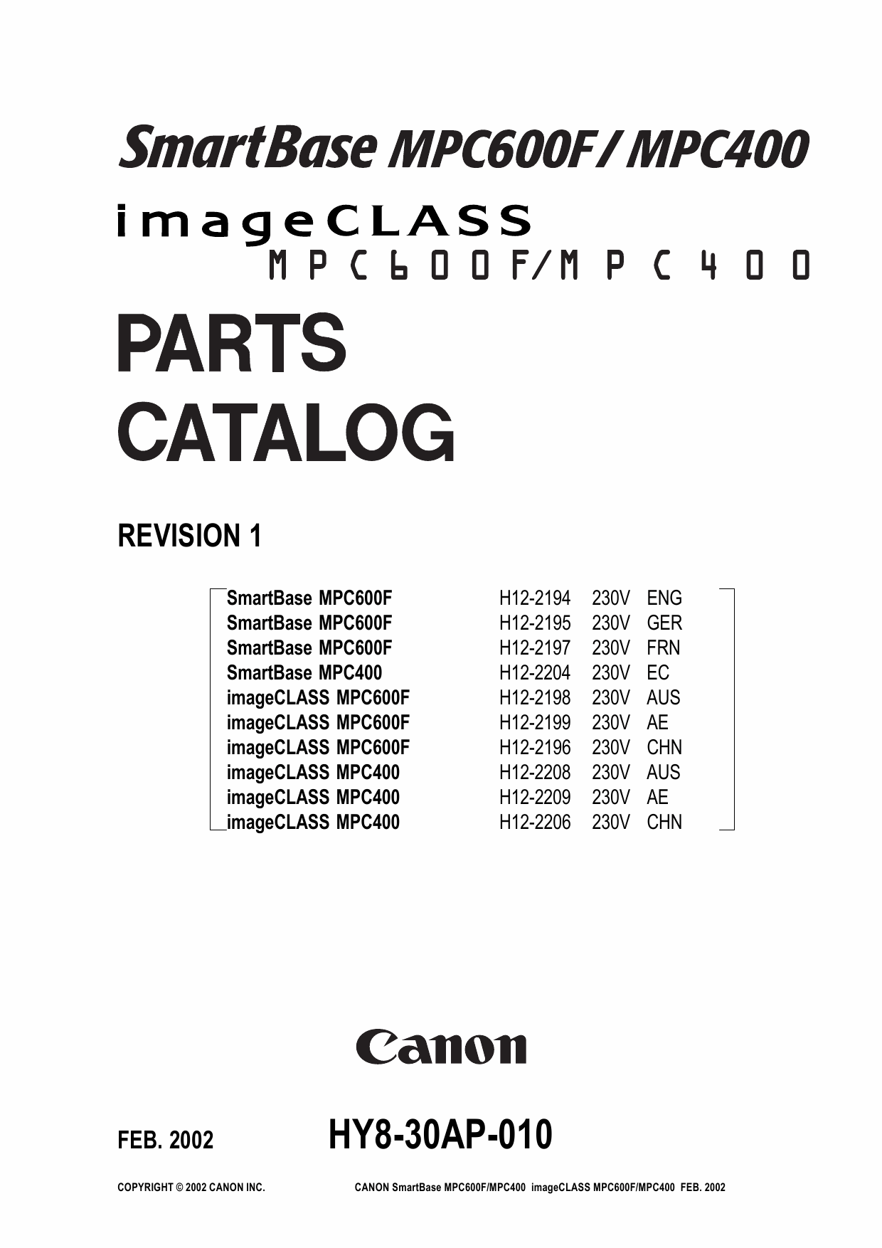 Canon SmartBase MPC400 600F Parts Catalog Manual-1